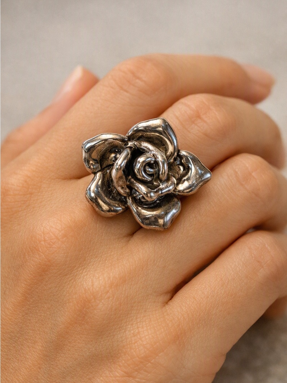 Signed Sterling Silver Bat Ami Rose Statement Ring, US Size 6.